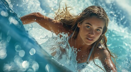 Poster - Young Woman Swimming Underwater in a Turquoise Ocean