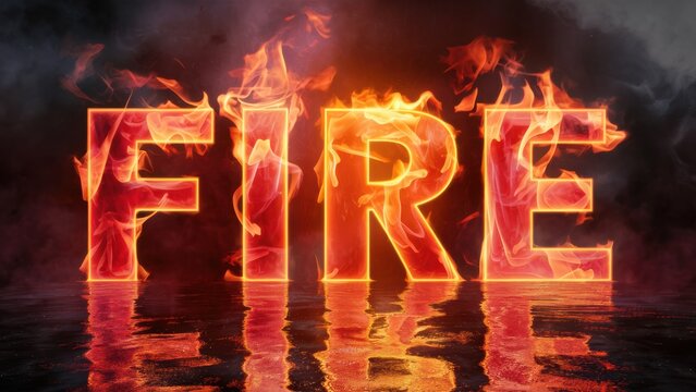 A fire is spelled out in the water with a reflection, AI