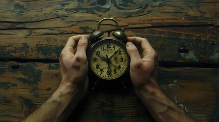 Embracing hands around a vintage alarm clock, highlighting the beauty of old-fashioned timepieces.