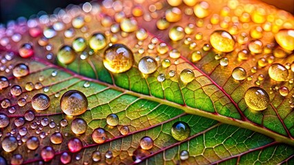 Canvas Print - Close-up of a vibrant leaf covered in glistening dew drops, verdant, leaf, green, nature, close-up, water droplets, morning, dew, fresh