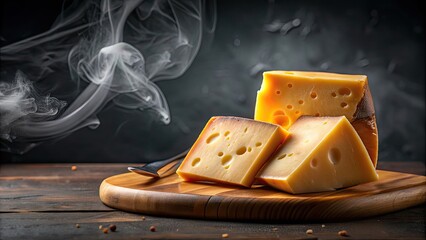 Poster - Close-up of delicious smoked cheese slices on a black background, smoked, cheese, slices, black background, gourmet