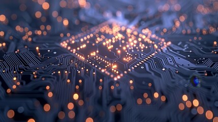 Poster - Highly detailed hyper realistic close up of glowing computer chip circuitry with intricate design