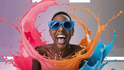 Poster - A woman with sunglasses and a smile in colorful liquid, AI