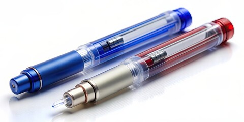 Close up of two insulin pens for diabetes type one , healthcare, medical, diabetes management