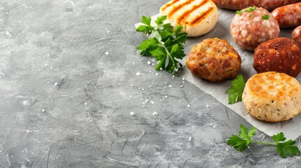 Wall Mural - Four cooked ground beef patties with a hamburger bun, rosemary sprigs, garlic cloves, and salt and pepper