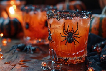 Black Magic Margarita with spiders for Halloween on orange blurred background. beverage trends, bar culture. drink for holiday. card for design