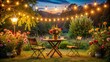 © Sujid - Charming countryside scene at night with flowers, chairs, table, and beautiful lights , countryside, flowers, chairs, table