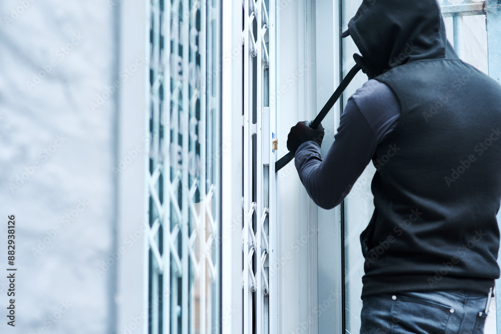 Robber Breaking In Man, criminal and crowbar for home crime, house invasion and breaking ...