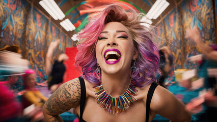 Wall Mural - A woman with pink hair and tattoos laughing in a train, AI