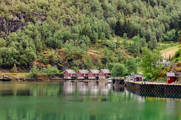 Wall Mural - Red houses by Lysefjord surrounded by lush green forest on a sunny day in southern Norway