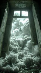 Wall Mural - ai generated illustration of a cloud formation entering an abandoned building through a window