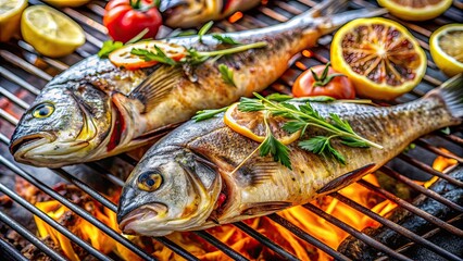 Canvas Print - Close up of delicious seafood grilled fish on charcoal barbecue grill, seafood, grilled, fish, charcoal, barbecue, grill, cooking