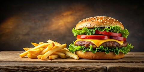 Canvas Print - Classic fast food combination of a juicy burger with crispy fries , fast food, burger, fries, meal, lunch