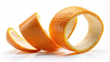 Poster - Close-up of a single orange peel twist on a white background, orange, fruit, citrus, peel, twist, close-up, texture, food