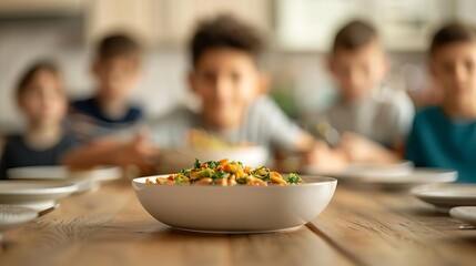 A close-up of a delicious meal in a white bowl on a table, with children in the background about to enjoy the food together.