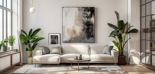 Wall Mural - A modern living room featuring sleek furniture, minimalist decor, and a striking abstract painting on the wall, with a touch of greenery.