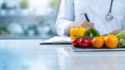 A doctor writes notes in a bright kitchen setting, surrounded by fresh vegetables and fruits, illustrating healthy eating and nutrition.