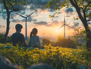 Wall Mural - A Couple Enjoying a Picnic with Wind Turbines in the Scenic Rural Landscape