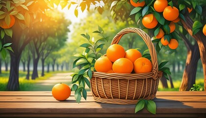 Wall Mural - a basket of oranges on a wooden table with orange trees background