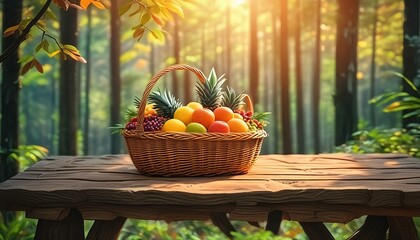 Wall Mural - a basket of mixed fruits on a wooden table in the forest