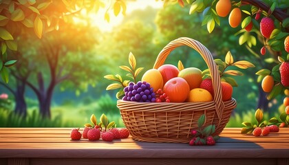 Wall Mural - a basket of mixed fruits on a wooden table in the park