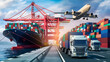 © Deedyy - System transport and logistics of truk container cargo ship and cargo plane. Transportation and logistics of container ships and cargo planes. 3D rendering and illustration.