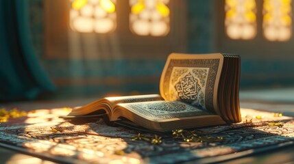 Aufkleber - Open antique book in sunlight 3D representation of the Quran with a Ramadan-themed background