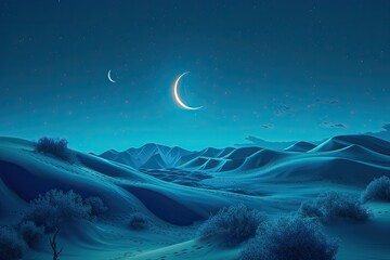 Fototapete - Sunlit ornate window A 3D background featuring a moonlit desert landscape during Ramadan Mubarak