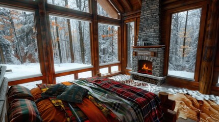 Wall Mural - A cozy cabin bedroom with a log bed