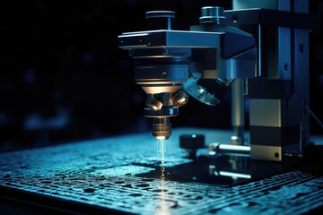 Aufkleber - Precision machine tool in operation A futuristic microscope capturing nanoscale structures