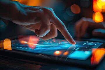 Leinwandbilder - Futuristic touchscreen interface A graphic designers fingers dancing across a tablet shaping stories with pixels and lines