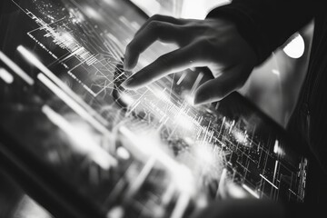 Leinwandbilder - Futuristic touchscreen interface A graphic designers fingers dancing across a tablet shaping stories with pixels and lines