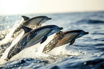 Wall Mural - Graceful leaping dolphins A group of playful dolphins leaping in the open sea