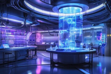Poster - Futuristic high-tech control room A high-tech laboratory with floating scientific equipment and holograms