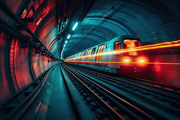 Aufkleber - Futuristic illuminated tunnel with light trails A hyperloop train speeding through a vacuum tube station