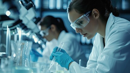 Poster - Focused female scientist in lab A medical research team working on breakthroughs