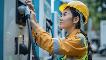 Wall Mural - A woman in workwear and a hard hat is operating machinery in an industrial setting