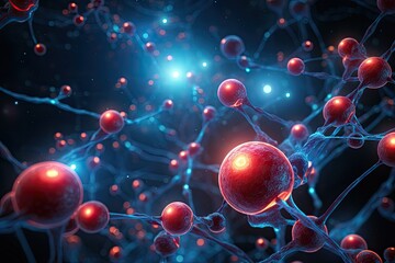 Leinwandbilder - Glowing red and blue neural network An electrifying backdrop with glowing atoms and electrons
