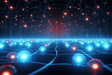Leinwandbilder - Glowing red and blue neural network An electrifying backdrop with glowing atoms and electrons