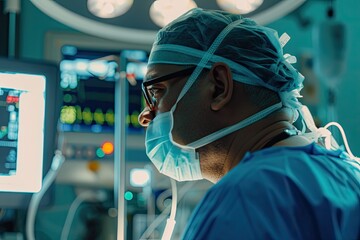 Leinwandbilder - Glowing red and blue neural network Anesthesiologist carefully monitoring vitals as a patient undergoes surgery