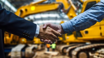 Two people shaking hands in front of an excavator