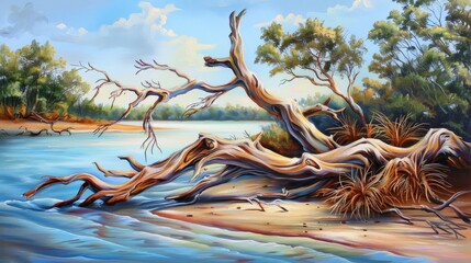 Wall Mural - A painting of a tree branch floating in a river