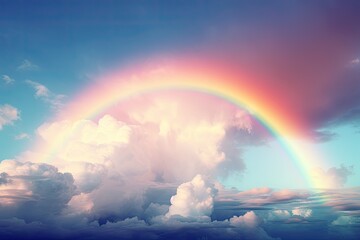 Poster - Vibrant luminous rainbow against a blue sky A rainbow arching across the sky after a refreshing rain