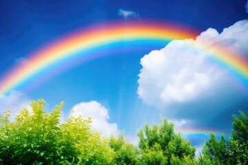 Poster - Vibrant luminous rainbow against a blue sky A rainbow arching across the sky after a refreshing rain