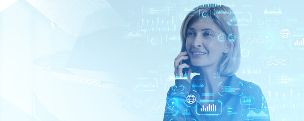 Poster - Young woman call on the phone, big business data chart and copy space