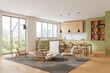 © ImageFlow - Green home studio interior with relaxing and cooking space, panoramic window