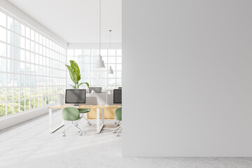 Wall Mural - Office interior with armchairs and desks, pc computers and window. Mockup wall