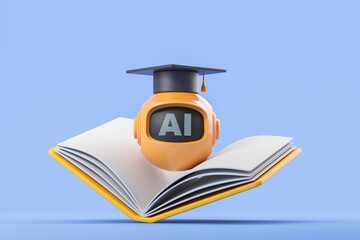 Poster - AI robot in graduation cap with book, education concept on colored background