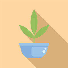 Poster - Small plant growing in a blue pot with long shadow on a beige background