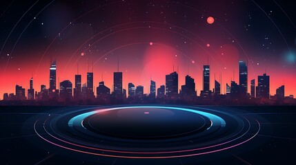 Futuristic cityscape with a glowing platform in the foreground